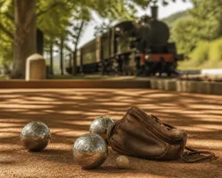 Shiny metal pétanque boules and an open leather bag on a shaded clay boulodrome, warm Mediterranean light and a steam train in the background.