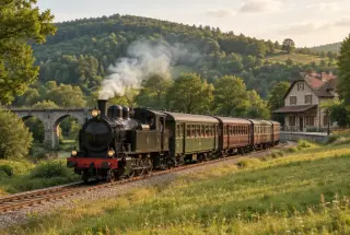Train touristique à vapeur traversant une vallée française au soleil de fin d’après-midi.