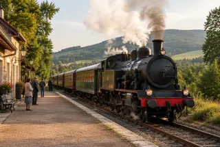 Train touristique à vapeur quittant une petite gare rurale française dans un nuage de vapeur, entouré de verdure.