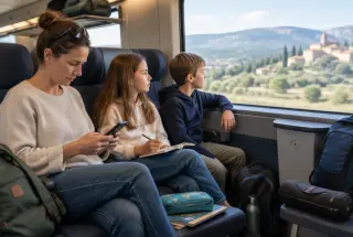 Un parent et deux enfants voyagent sereinement dans un train avec des sacs légers et une housse de boules de pétanque.