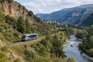 Train des Pignes traversant une vallée provençale boisée entre Nice et Digne-les-Bains